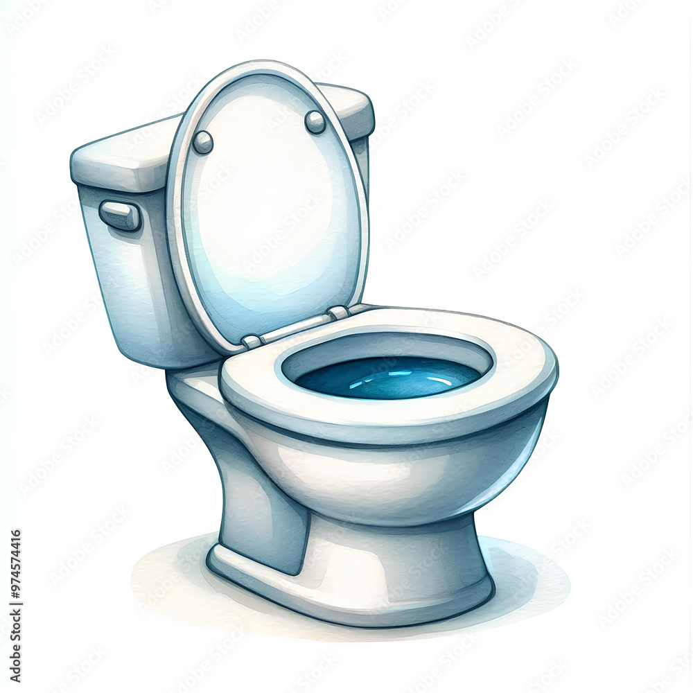 Watercolor painting of a white cartoon toilet bowl with an open lid. Watercolor painting of a white cartoon toilet bowl with an open lid.