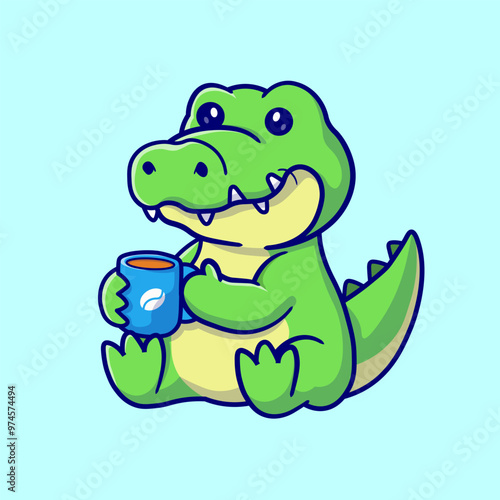 Cute Crocodile Drinking Coffee Cartoon Vector Icon 
Illustration. Animal Drink Icon Concept Isolated Premium
Vector. Flat Cartoon Style