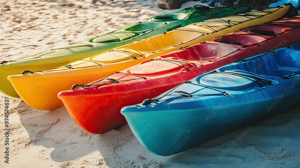 A row of brightly colored kayaks lined up on a sandy beach, each in shades of red, yellow, green, and blue. A row of brightly colored kayaks lined up on a sandy beach, each in shades of red, yellow, green, and blue.