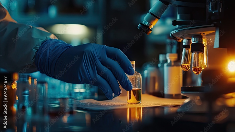 A scientist wearing blue gloves, examining a vial of liquid under a bright lamp in a chemistry laboratory. A scientist wearing blue gloves, examining a vial of liquid under a bright lamp in a chemistry laboratory.