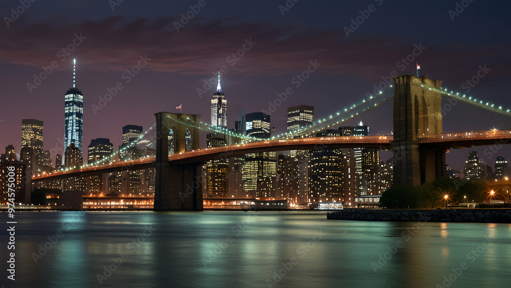 Fototapeta premium Brooklyn Bridge and Manhattan skyline at twilight, city lights reflecting on water.
