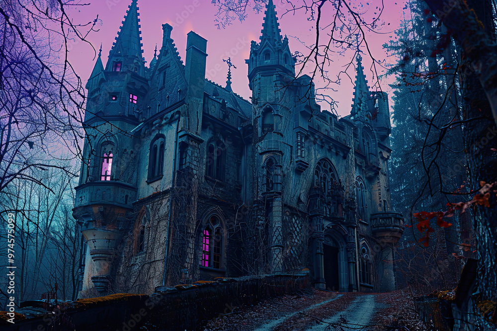 Background for a scary fairy tale background, a dark gothic haunted mansion castle in a dark dead valley with a forest around and snow. Halloween background with a spooky and ancient church Background for a scary fairy tale background, a dark gothic haunted mansion castle in a dark dead valley with a forest around and snow. Halloween background with a spooky and ancient church