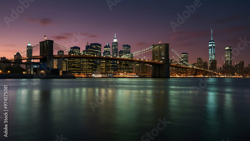 Brooklyn Bridge and Manhattan skyline at twilight, city lights reflecting on water.