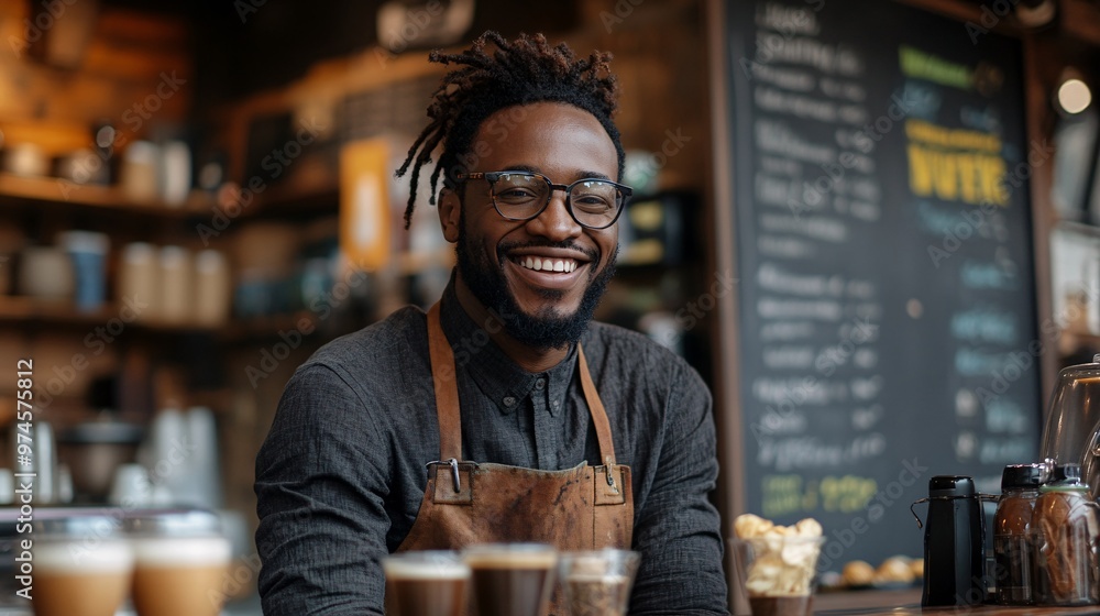 Fototapeta premium Vibrant African Entrepreneur Interacting with Customers in a Modern Cafe Setting with Clean Counter Space for Branding Copy