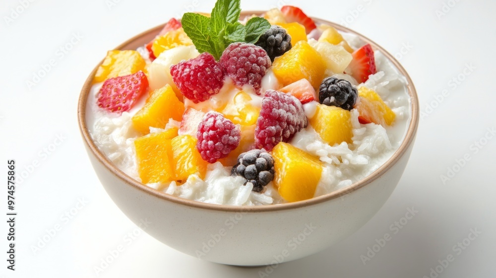 A dynamic shot of a bowl of Thai sweet sticky rice with coconut milk and fresh fruit slices, placed on a white background to showcase the desserts vibrant and inviting appearance. A dynamic shot of a bowl of Thai sweet sticky rice with coconut milk and fresh fruit slices, placed on a white background to showcase the desserts vibrant and inviting appearance.