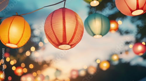 Bright paper lanterns in an array of colors strung across a festival, glowing warmly against the evening sky.