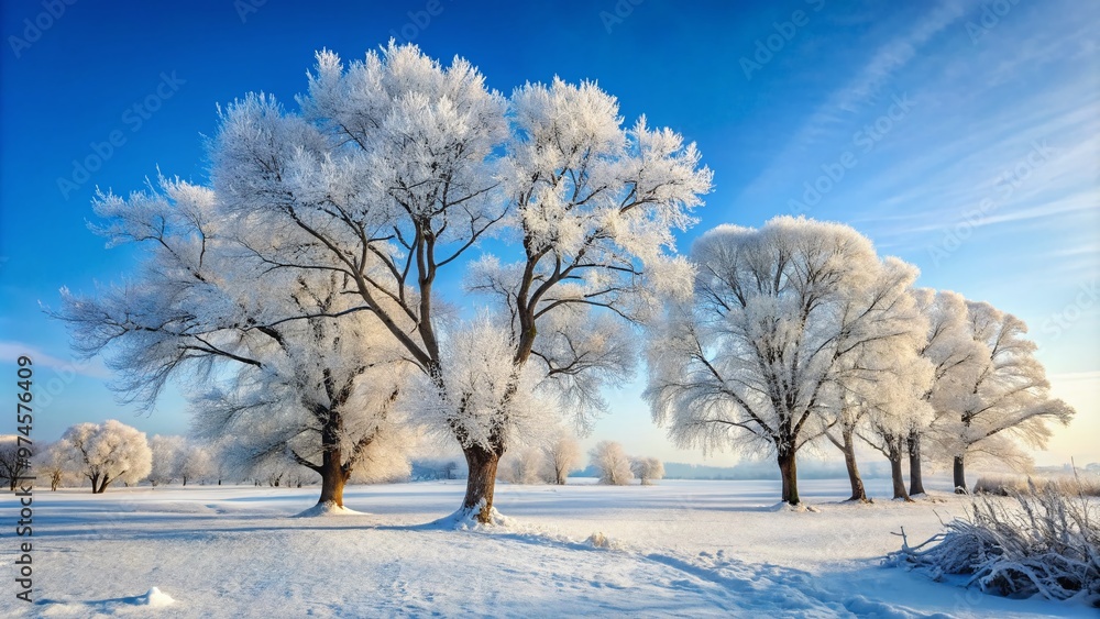 Frosted snow-covered trees stand tall amidst a serene winter wonderland, their bare branches etched against a soft blue-gray sky, surrounded by a gentle blanket of frost. Frosted snow-covered trees stand tall amidst a serene winter wonderland, their bare branches etched against a soft blue-gray sky, surrounded by a gentle blanket of frost.