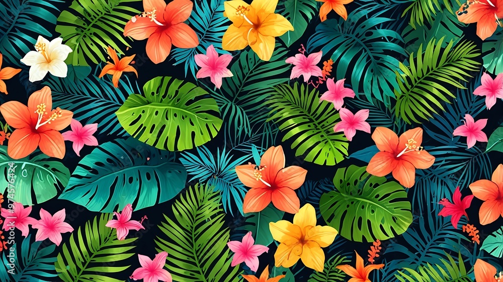 Tropical Floral Pattern with Lush Greenery Tropical Floral Pattern with Lush Greenery