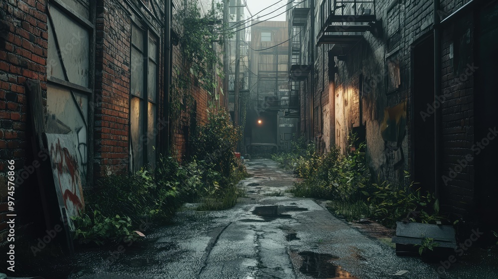 the atmosphere of the alley is wet and there are lots of wild plants the atmosphere of the alley is wet and there are lots of wild plants