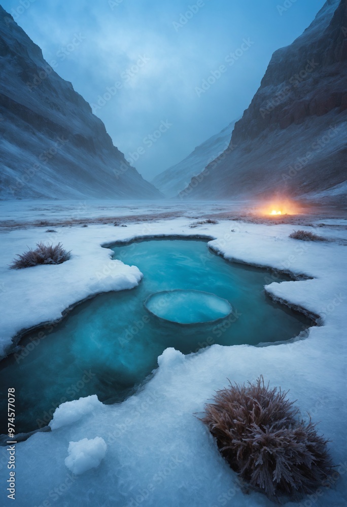 snowcovered mountains reflected in a frozen lake at sunset snowcovered mountains reflected in a frozen lake at sunset
