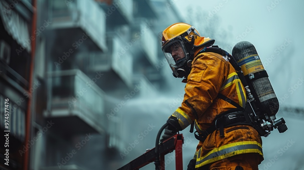 Brave firefighter battling flames amidst a smoky cityscape during a challenging rescue operation. Generative AI Brave firefighter battling flames amidst a smoky cityscape during a challenging rescue operation. Generative AI