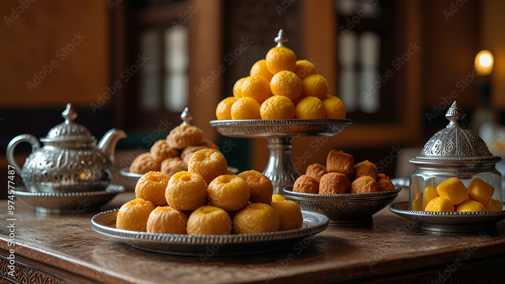 Traditional Moroccan sweets displayed in a cozy tea shop, with space for text or message. Traditional Moroccan sweets displayed in a cozy tea shop, with space for text or message.