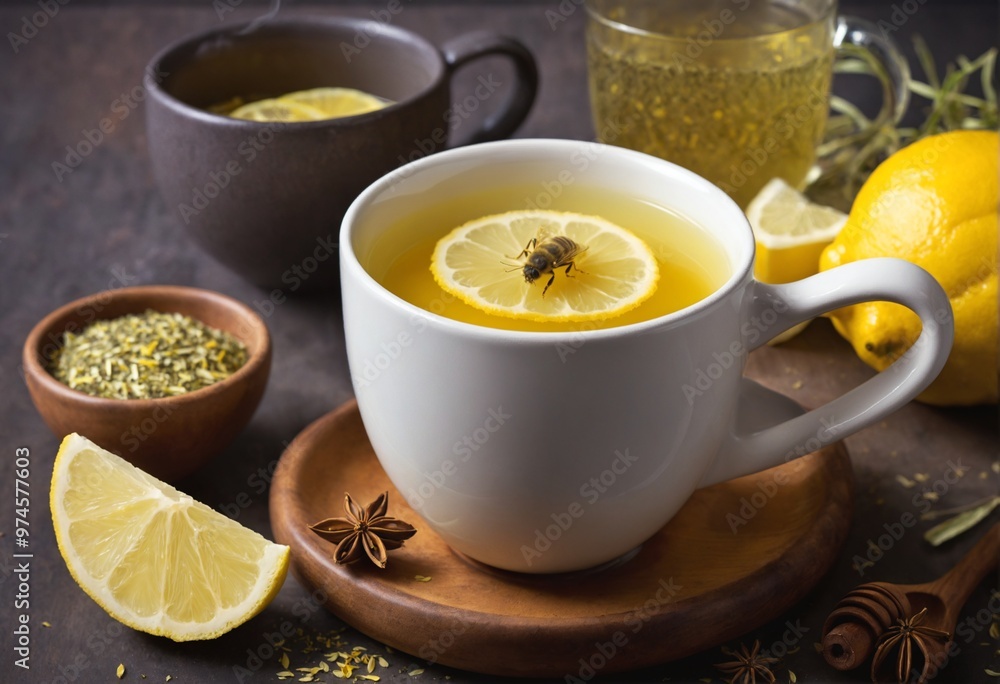White tea with lemon and honey served in a white mug with a wooden coaster surrounded by lemons and herbs White tea with lemon and honey served in a white mug with a wooden coaster surrounded by lemons and herbs