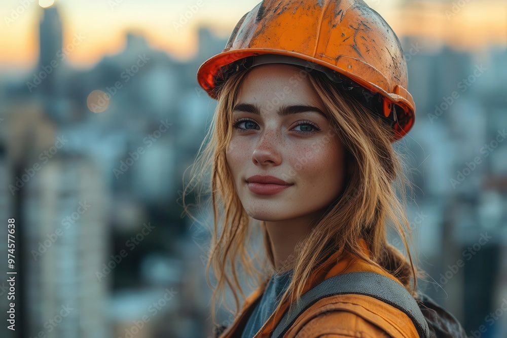 empowered female construction worker confident pose with skyline backdrop golden hour lighting blend of strength and femininity empowered female construction worker confident pose with skyline backdrop golden hour lighting blend of strength and femininity