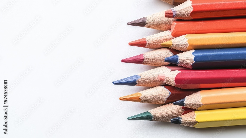 Brightly colored pencils arranged in a fan shape on a white background, with each pencil sharpened and ready for use. Brightly colored pencils arranged in a fan shape on a white background, with each pencil sharpened and ready for use.