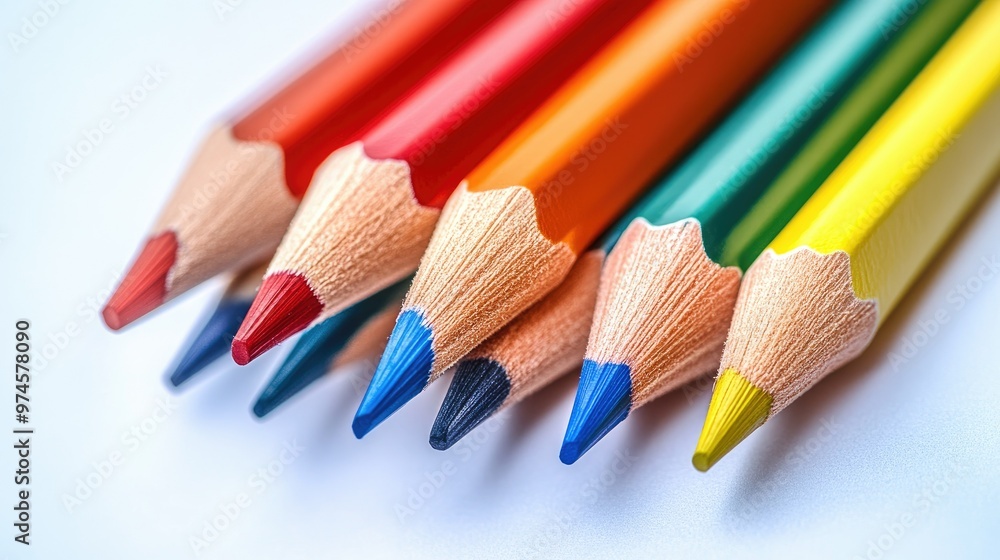 Brightly colored pencils arranged in a fan shape on a white background, with each pencil sharpened and ready for use. Brightly colored pencils arranged in a fan shape on a white background, with each pencil sharpened and ready for use.