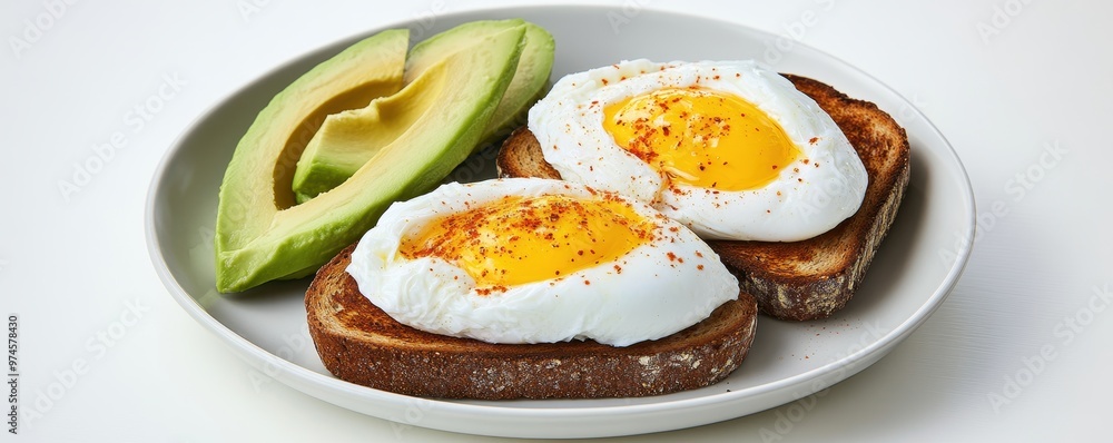 portion of poached eggs on whole-grain toast, served with a side of avocado slices and a sprinkle of chili flakes portion of poached eggs on whole-grain toast, served with a side of avocado slices and a sprinkle of chili flakes