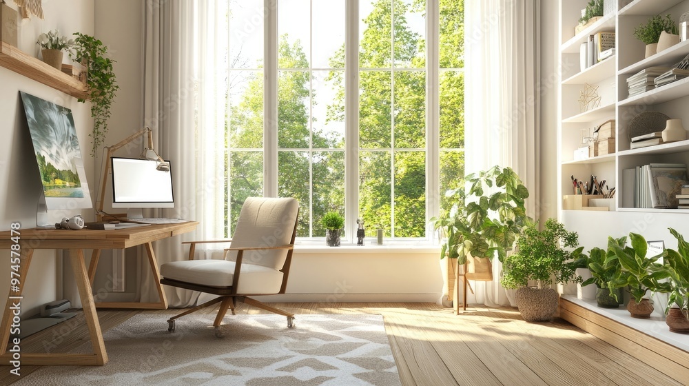A bright home office with a large window and a comfortable reading chair A bright home office with a large window and a comfortable reading chair
