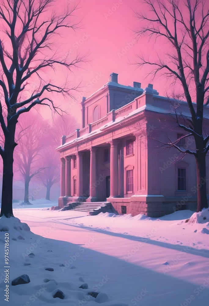 Obraz premium 35mm film photography, A snowy winter scene with a neoclassical style building in the background, surrounded by a snow-draped stone wall, bare trees in the foreground, a bright clear sky with the sun 