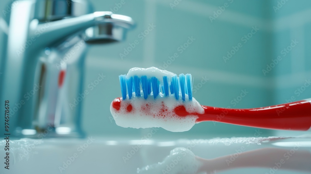 A dynamic shot of a toothbrush and toothpaste with a foamy toothbrush head, emphasizing the process of brushing teeth in a well-maintained bathroom. A dynamic shot of a toothbrush and toothpaste with a foamy toothbrush head, emphasizing the process of brushing teeth in a well-maintained bathroom.