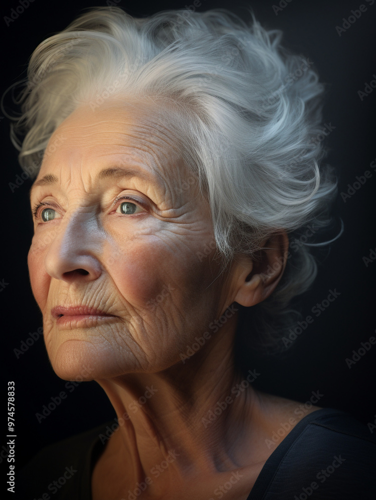 Elderly woman with a wistful expression, looking off into the distance, portrait photography, close-up. Elderly woman with a wistful expression, looking off into the distance, portrait photography, close-up.