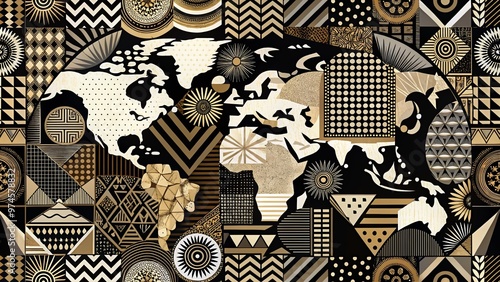 Globally-inspired abstract composition featuring bold black and white shapes, textures, and patterns, evoking a sense of cultural diversity and global connection. photo