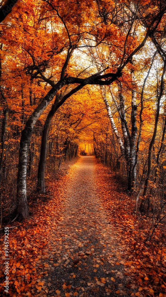 Fototapeta premium A serene autumn pathway surrounded by vibrant orange leaves and trees, inviting a peaceful stroll through nature's beauty.