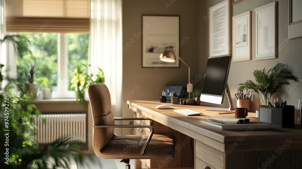 A chic home office with a desk made from sustainable wood and stylish accessories A chic home office with a desk made from sustainable wood and stylish accessories