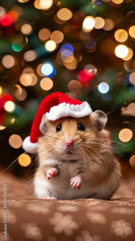 A hamster wearing a Santa hat is standing in front of a Christmas tree A hamster wearing a Santa hat is standing in front of a Christmas tree