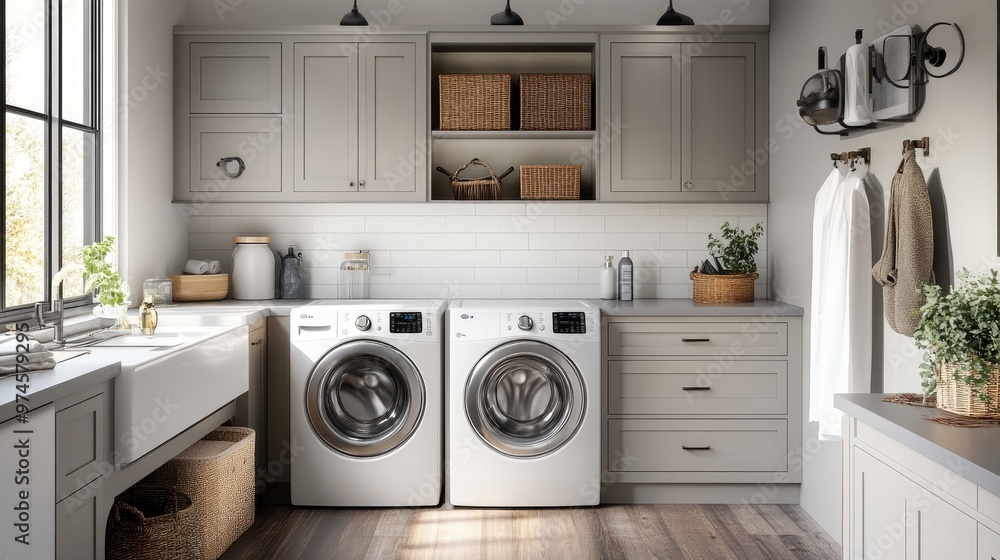 A chic laundry room with sustainable cabinets and eco-friendly accessories A chic laundry room with sustainable cabinets and eco-friendly accessories