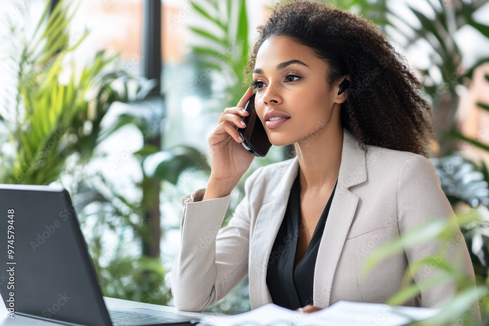 A woman is talking on her cell phone while sitting at a desk A woman is talking on her cell phone while sitting at a desk