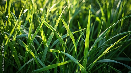 Close-up of blades of green grass, sharp and vibrant, with sunlight filtering through the tips and casting soft shadows.