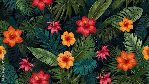 Tropical Floral Pattern with Hibiscus and Monstera Leaves