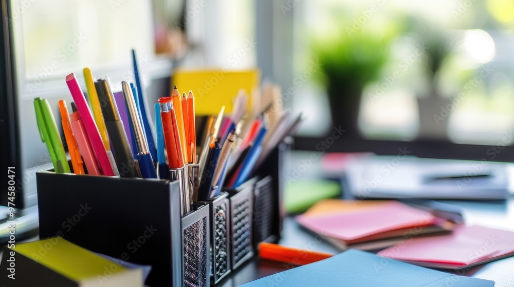 A close-up of a desk organizer filled with office supplies and notes A close-up of a desk organizer filled with office supplies and notes