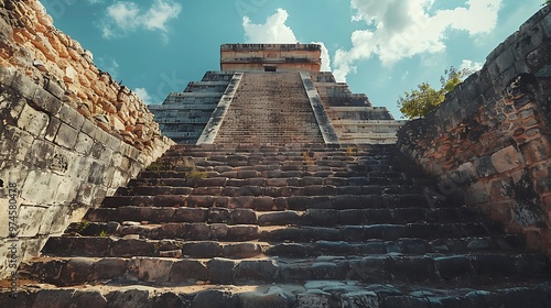 The ancient Mayan pyramid at Chichen Itza during the equinox, with the shadow of the serpent appearing on the steps. The scene captures the architectural genius and cultural significance of  photo