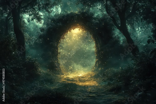 enchanted forest gateway with shimmering portal mystical creatures lurking ethereal lighting and swirling magical energies lush vegetation and ancient trees frame the otherworldly scene