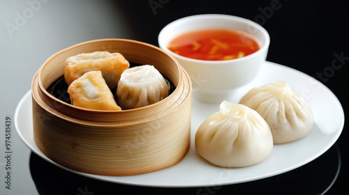 Chinese dim sum platter, featuring dumplings, bao buns, and spring rolls, served in bamboo steamers photo