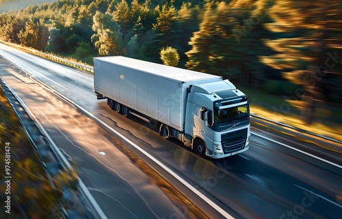 Semi Truck Speeds on Open Highway Through Forest photo