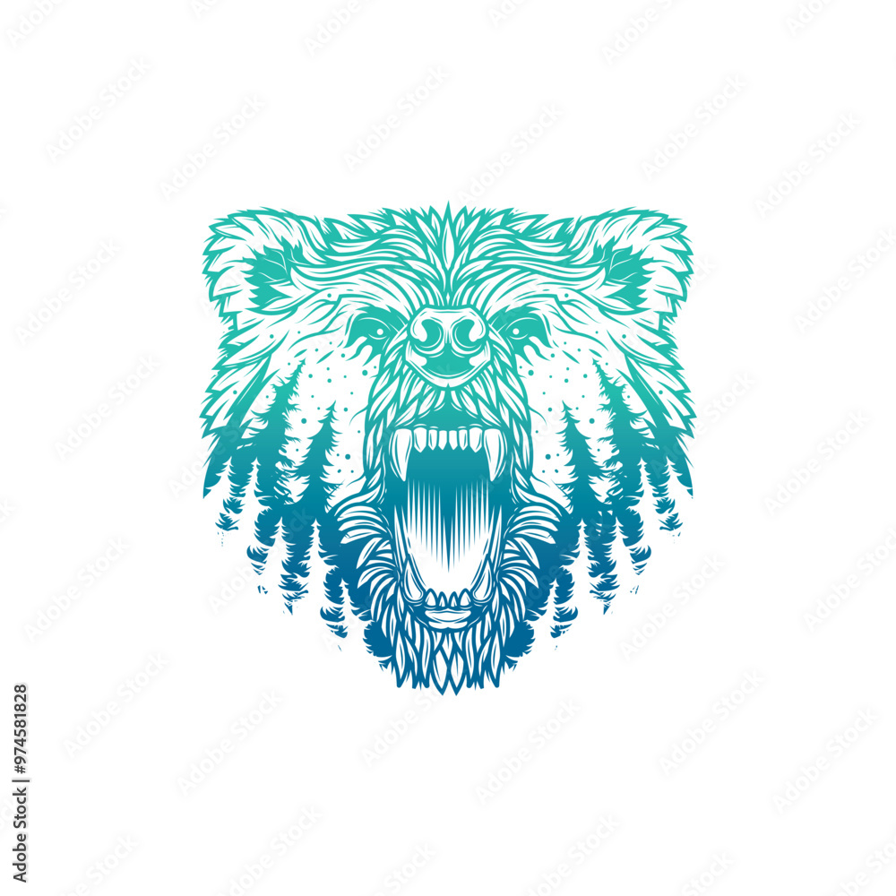 Forest and head of angry bear. Original vector illustration in vintage style isolated on white background. T-shirt design. Forest and head of angry bear. Original vector illustration in vintage style isolated on white background. T-shirt design.