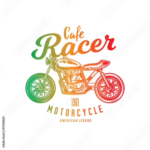 Cafe racer custom motorcycle. Original vector illustration in vintage style isolated on white background. T-shirt design. photo