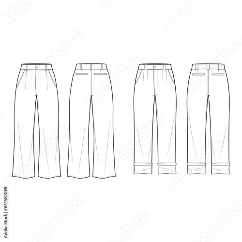 Technical flat sketch set of wide-leg jeans. Relaxed fit pants featuring pintuck details. Tracksuit pants with welt pocket.