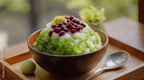 Close-up of shaved ice with matcha syrup, red beans, and mochi balls, served on a wooden tray with a spoon.