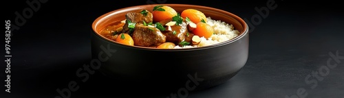 Moroccan tagine dish, with lamb, apricots, and almonds served in a traditional clay pot with couscous photo