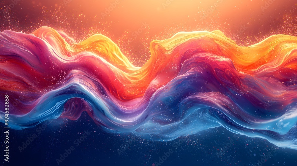 Bold streams of 3D liquid flow like paint, weaving through an abstract technology-inspired design. The vibrant colors and energetic movement fill the scene, while leaving enough negative space Bold streams of 3D liquid flow like paint, weaving through an abstract technology-inspired design. The vibrant colors and energetic movement fill the scene, while leaving enough negative space
