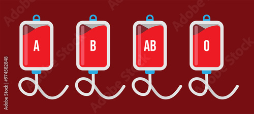 Illustration of a flat vector infusion bag with blood contents of various types. Health illustration