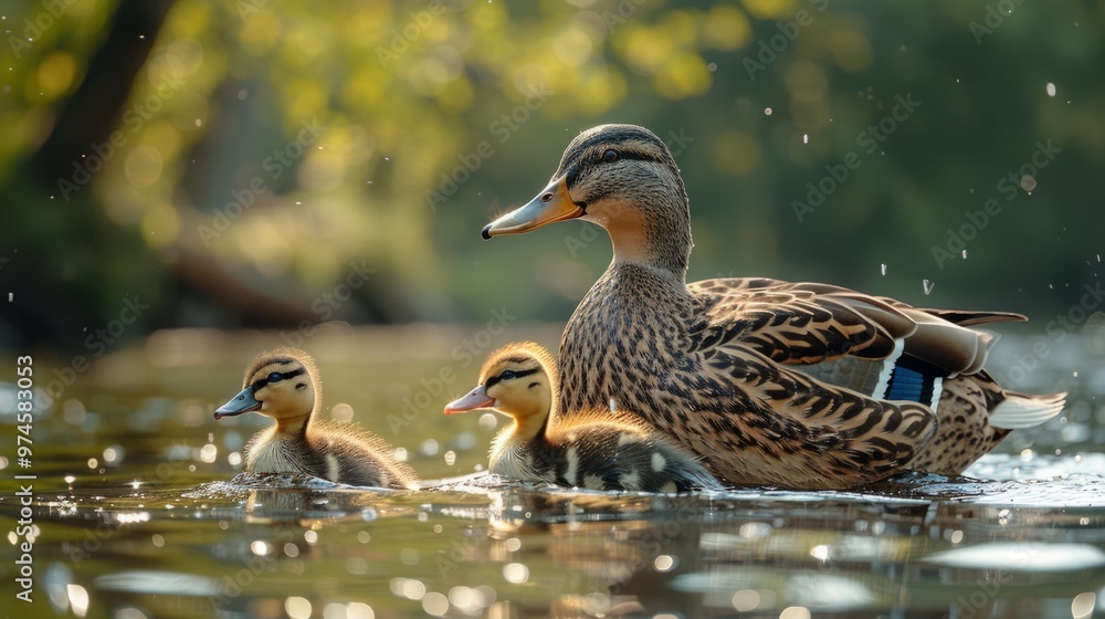 A mother duck is leading her two ducklings through a body of water A mother duck is leading her two ducklings through a body of water