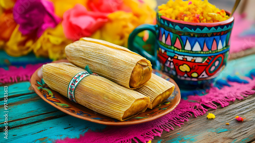 una mesa colorida y vajilla colorida con un plato de tamales tradicionales mexicanos dia festivo cultural en mexico
