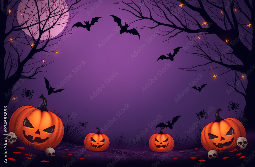 Dark moody purple Halloween background of Jack-o-lanterns, sculls, spiderwebs and bats with a space for text in the middle. Dark moody purple Halloween background of Jack-o-lanterns, sculls, spiderwebs and bats with a space for text in the middle.