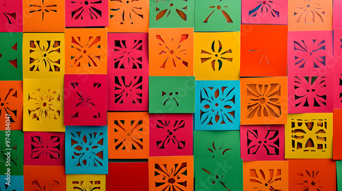 fondo colorido de cuadros de papel picado con diseños y texturas colores vibrantes festejando a mexico por el dia de muertos cultura y tradicion