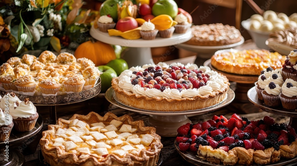 A close-up of a Thanksgiving dessert table filled with a variety of pies cupcakes and fruits against a backdrop of dark wood and vintage decor A close-up of a Thanksgiving dessert table filled with a variety of pies cupcakes and fruits against a backdrop of dark wood and vintage decor